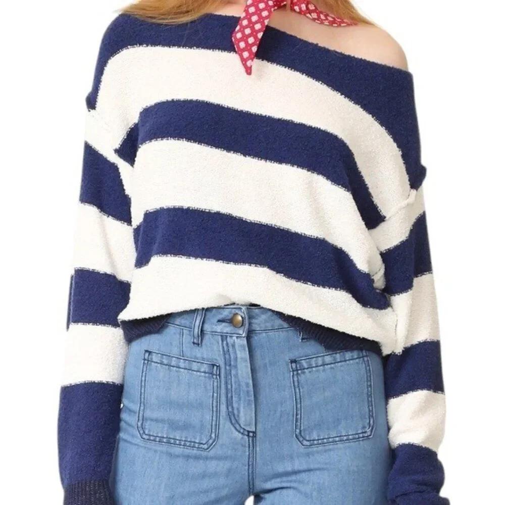 Free People Candyland Pullover Navy Striped Boat Neck Sweater Top Size L